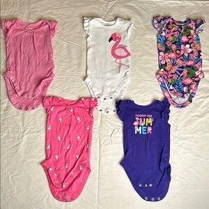 Children’s Place Pink, Purple and White Bodysuits Set with Flamingo Design.